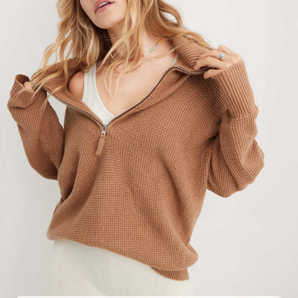 Aerie Cozy Up Waffle Quarter Zip Sweater - Cappuccino - XS